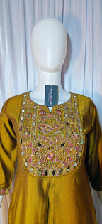 Moonpalav Mustard Gold Mango Silk Real Mirror Work Designer Kurti Set With Duppata