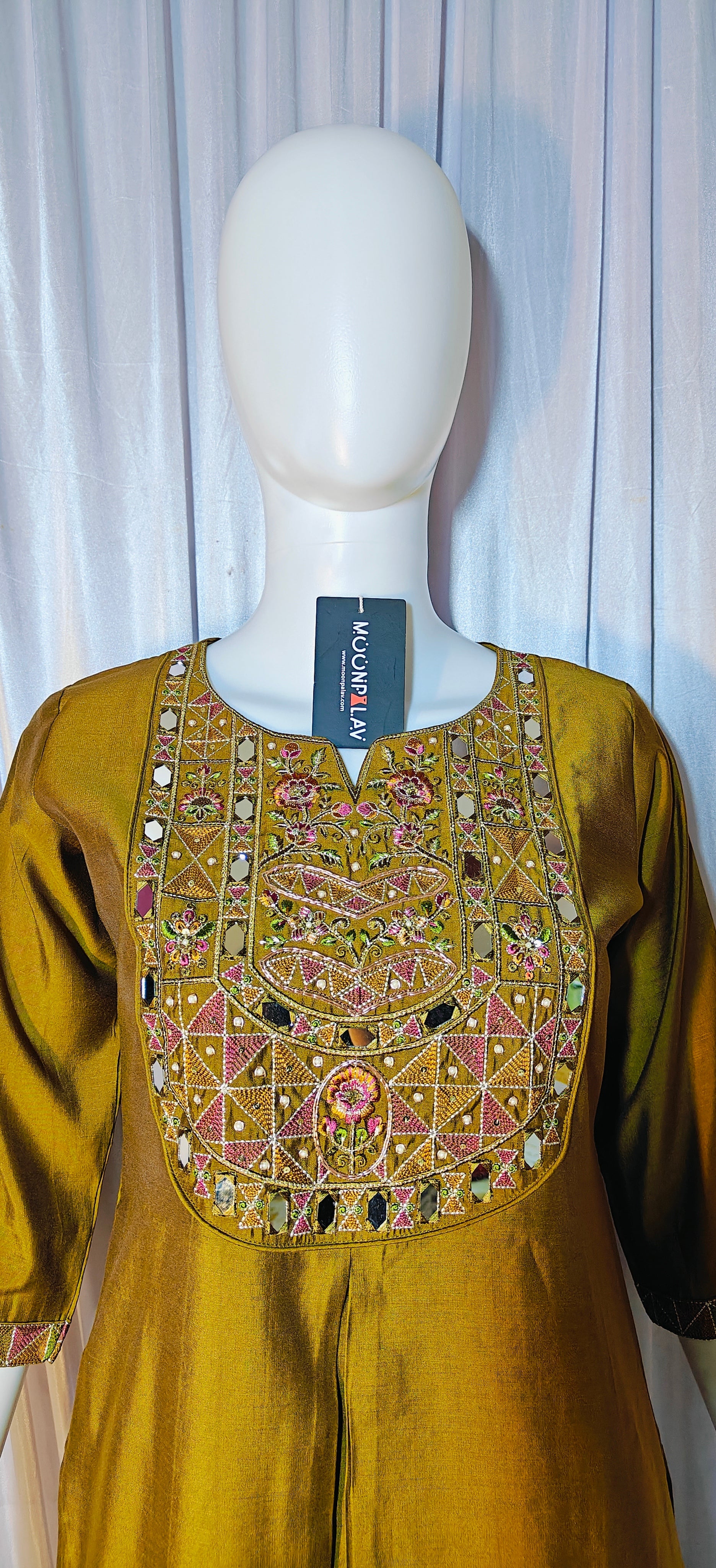 Moonpalav Mustard Gold Mango Silk Real Mirror Work Designer Kurti Set With Duppata