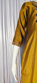 Moonpalav Mustard Gold Mango Silk Real Mirror Work Designer Kurti Set With Duppata