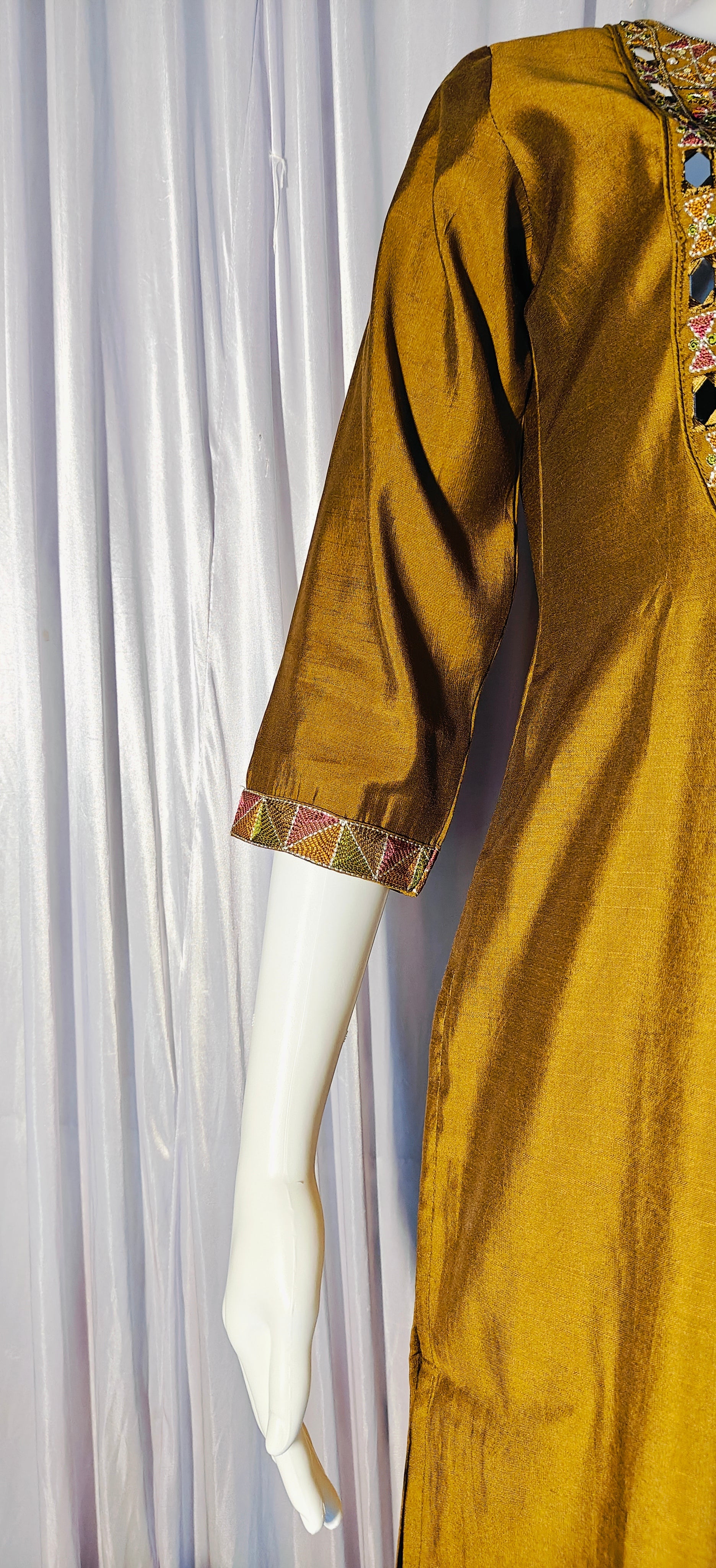 Moonpalav Mustard Gold Mango Silk Real Mirror Work Designer Kurti Set With Duppata