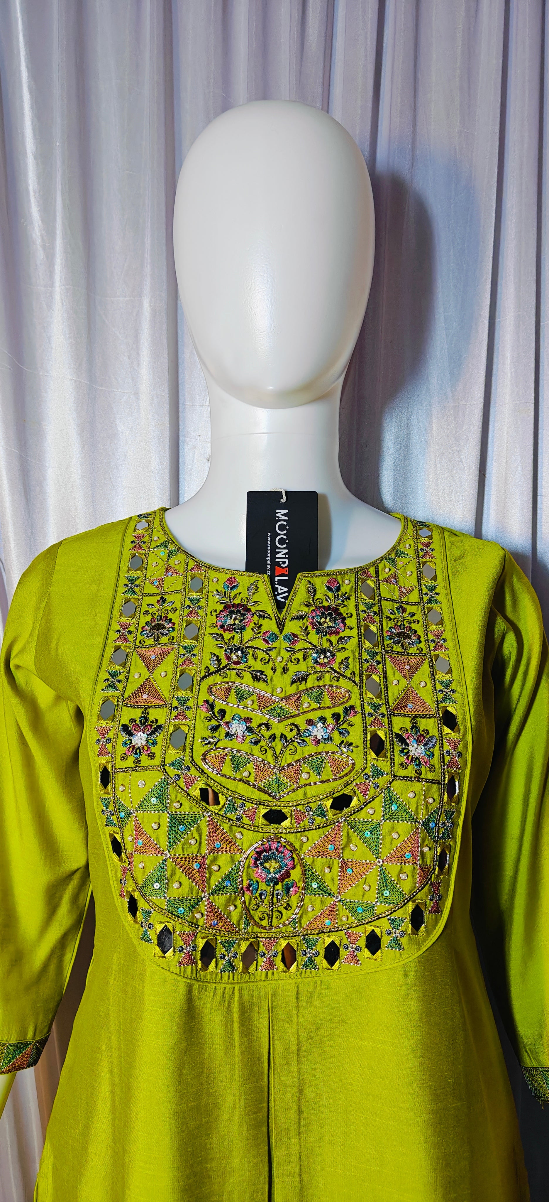 Moonpalav Lime Green Embroidered Silk Kurti Set – Festive Wear 3-Piece
