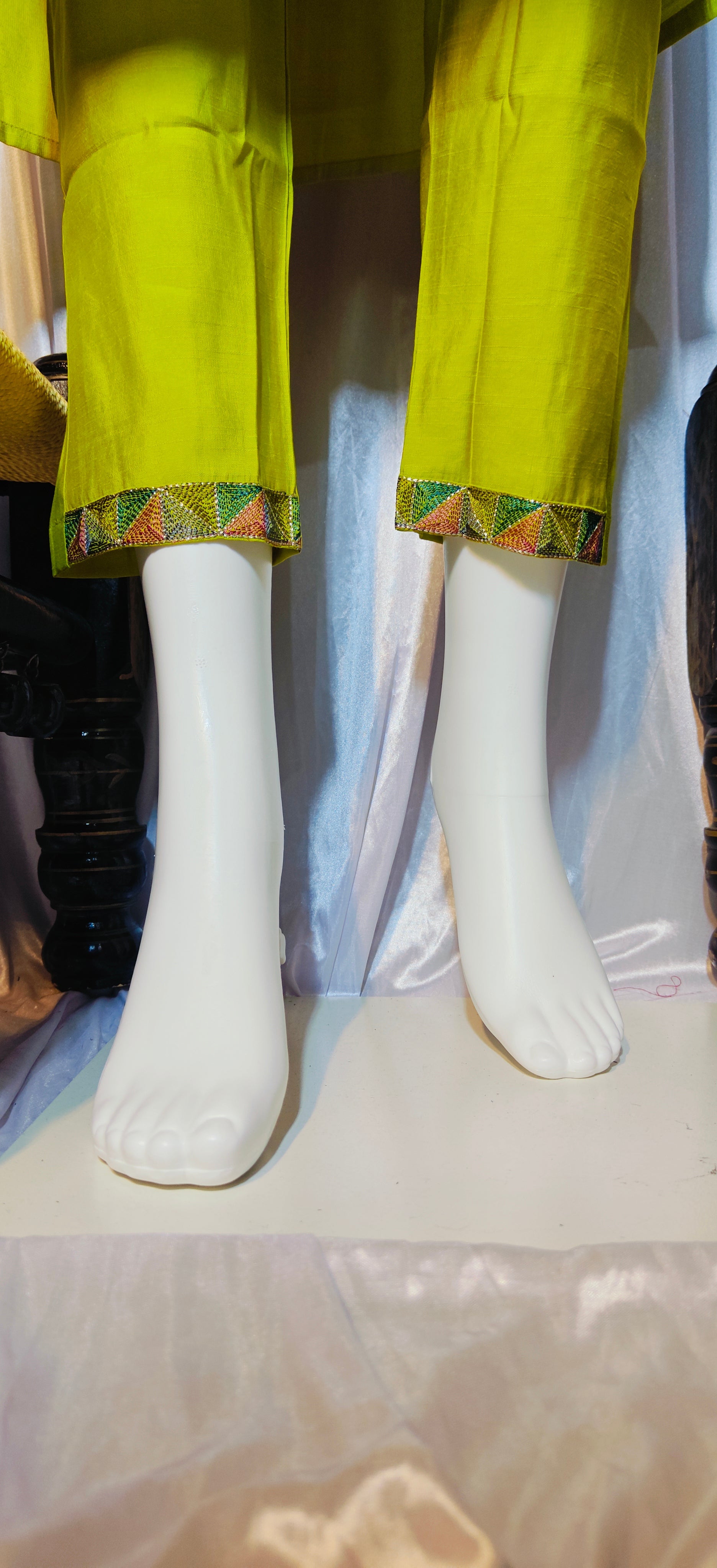 Moonpalav Lime Green Embroidered Silk Kurti Set – Festive Wear 3-Piece