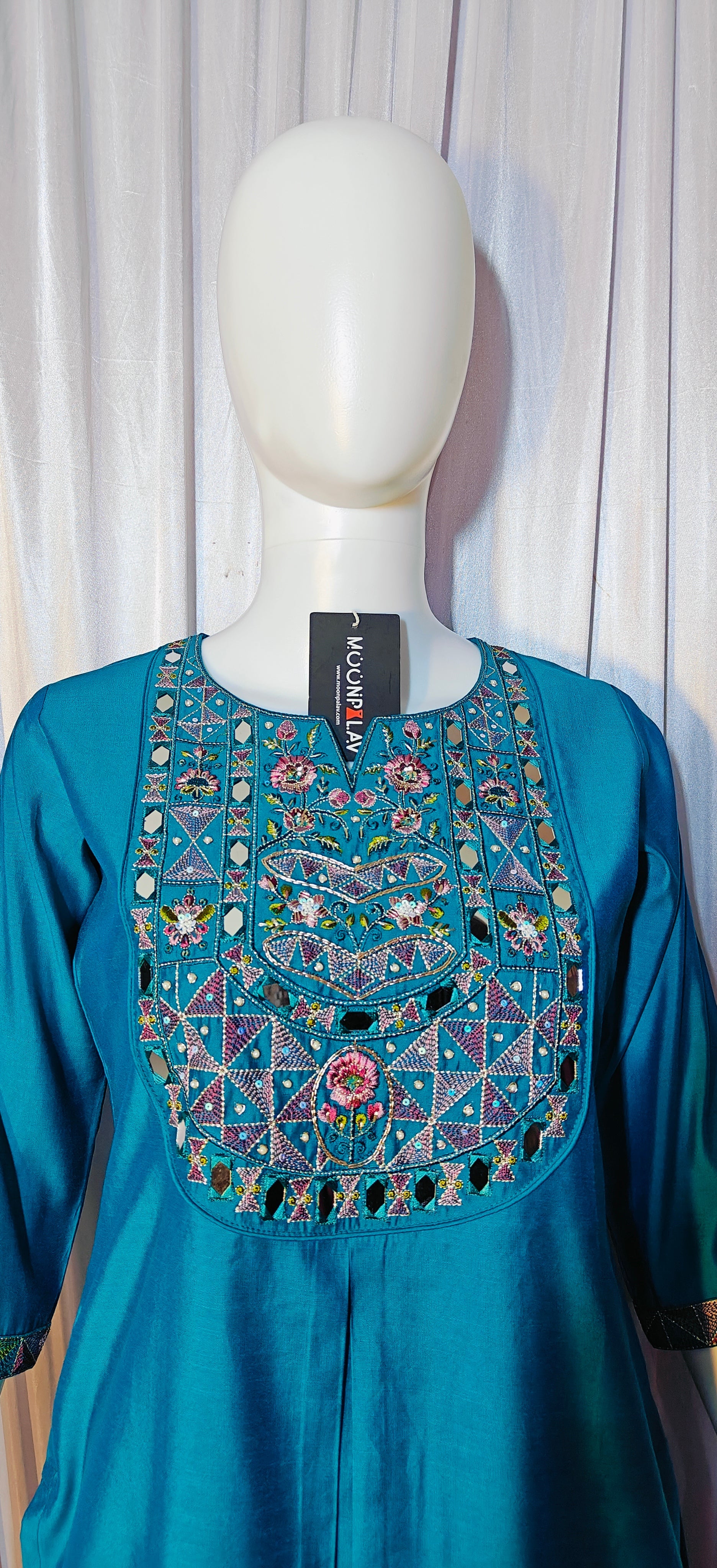 Moonpalav Teal Blue Mango Silk Mirror Work Kurti Set with Chanderi Dupatta