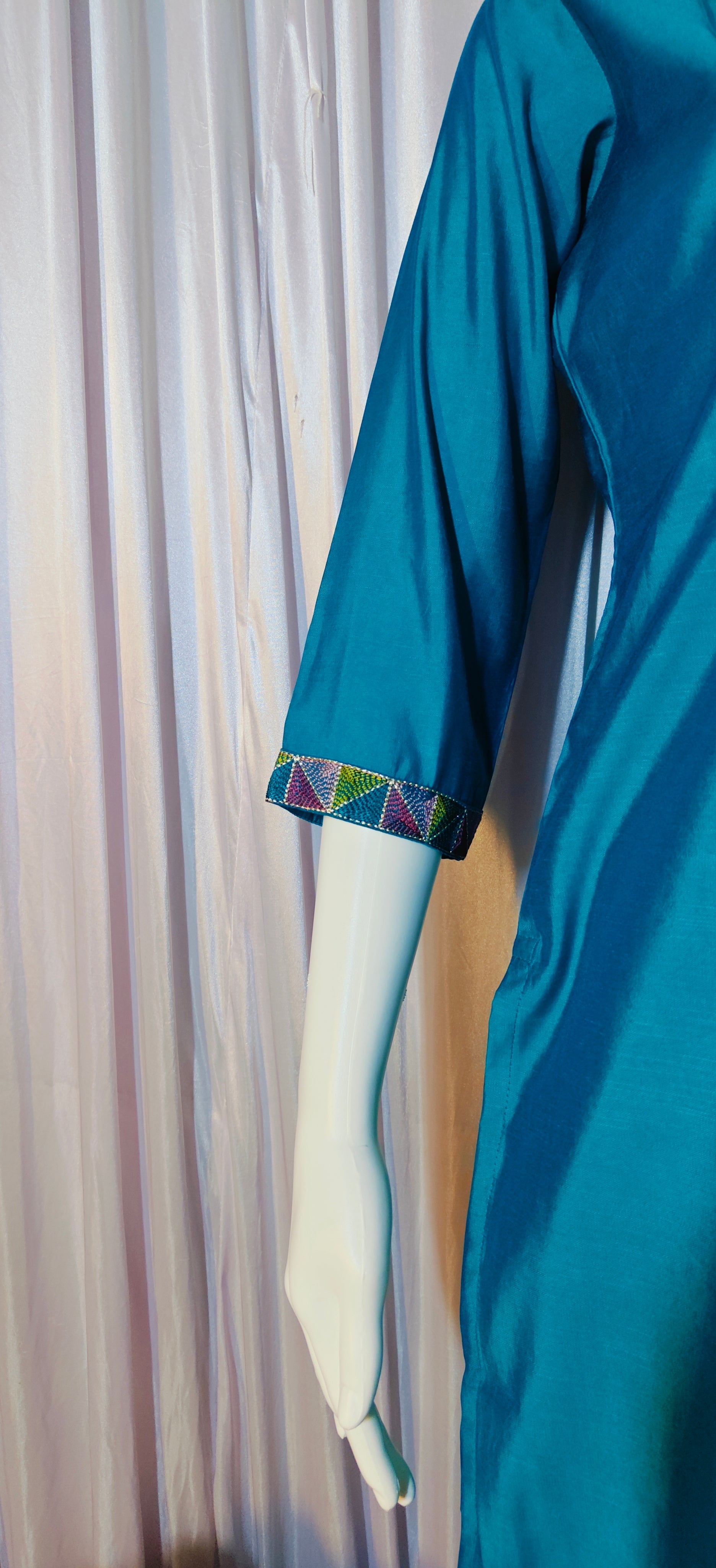 Moonpalav Teal Blue Mango Silk Mirror Work Kurti Set with Chanderi Dupatta