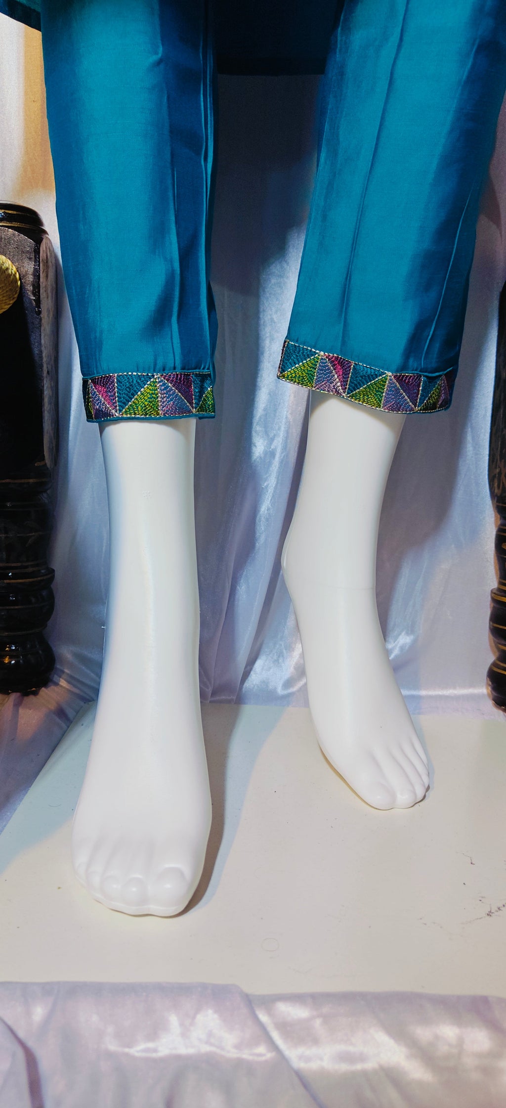 Moonpalav Teal Blue Mango Silk Mirror Work Kurti Set with Chanderi Dupatta