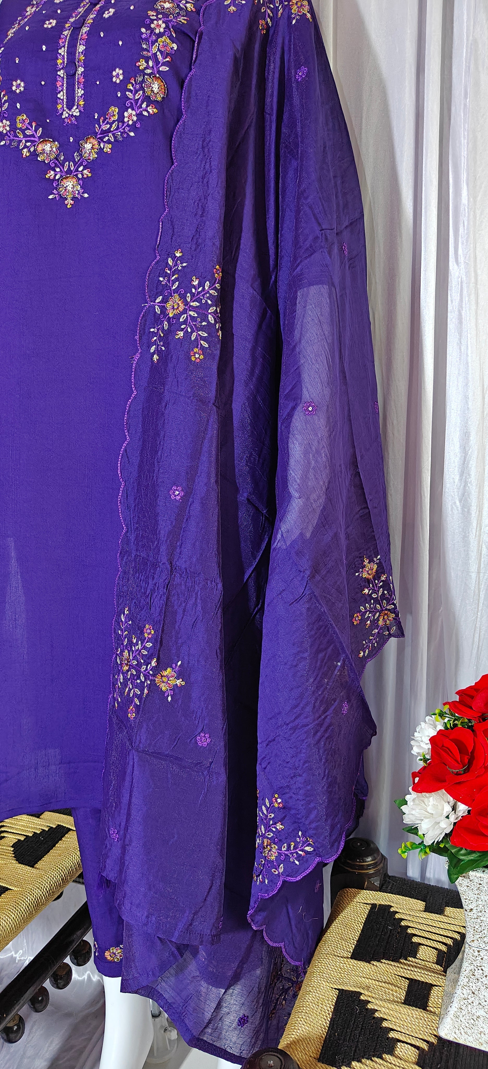Purple Marina Silk Hand Embroidered Kurti Set with Maslin Dupatta