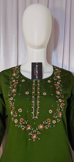 Green Marina Silk Embroidered Suit with Designer Maslin Dupatta
