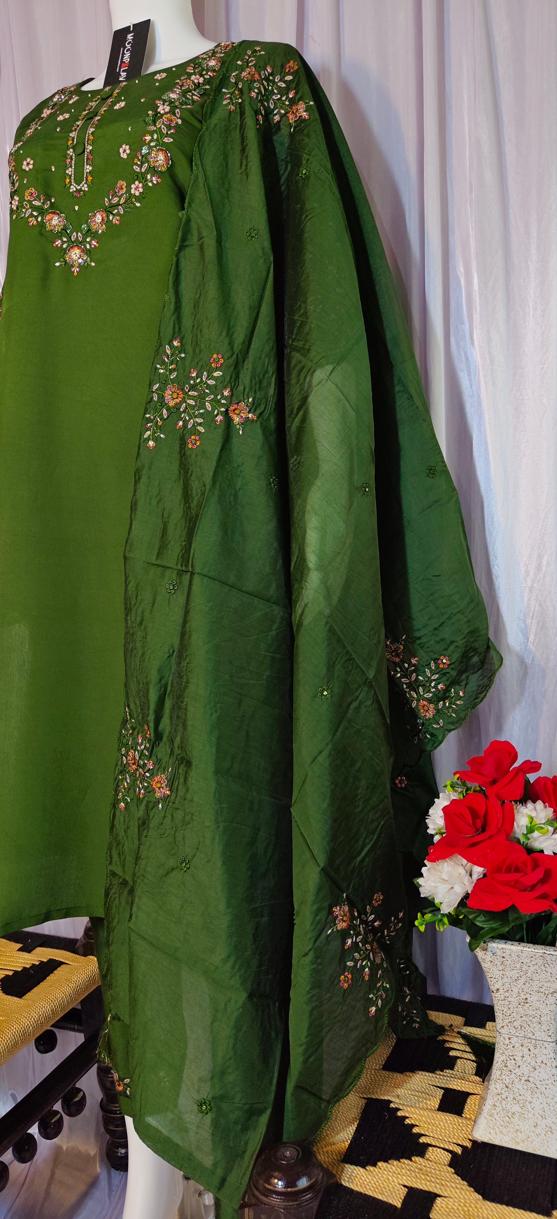 Green Marina Silk Embroidered Suit with Designer Maslin Dupatta