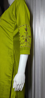 Lime Green Designer Marina Silk Embroidered Set with Maslin Dupatta