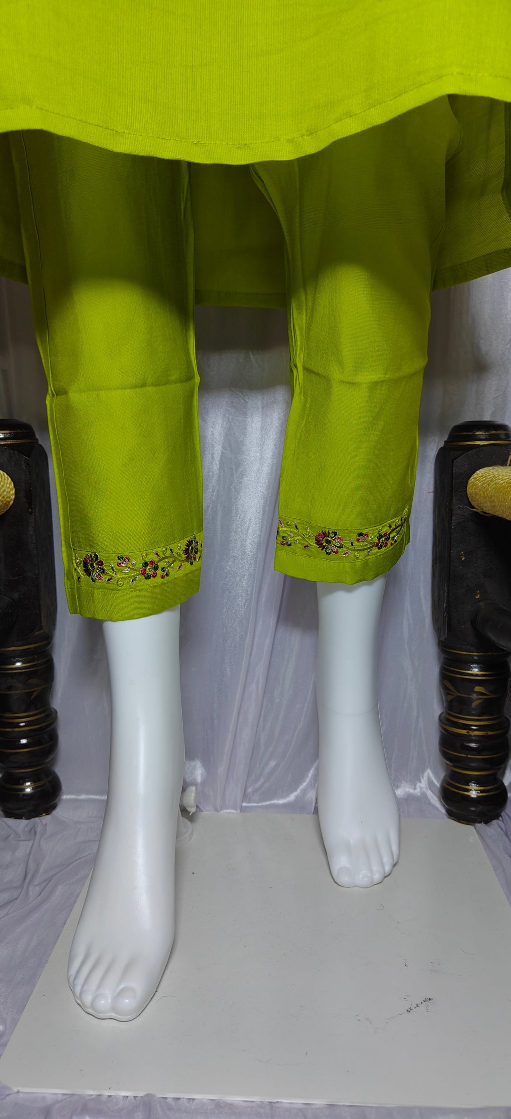Lime Green Designer Marina Silk Embroidered Set with Maslin Dupatta