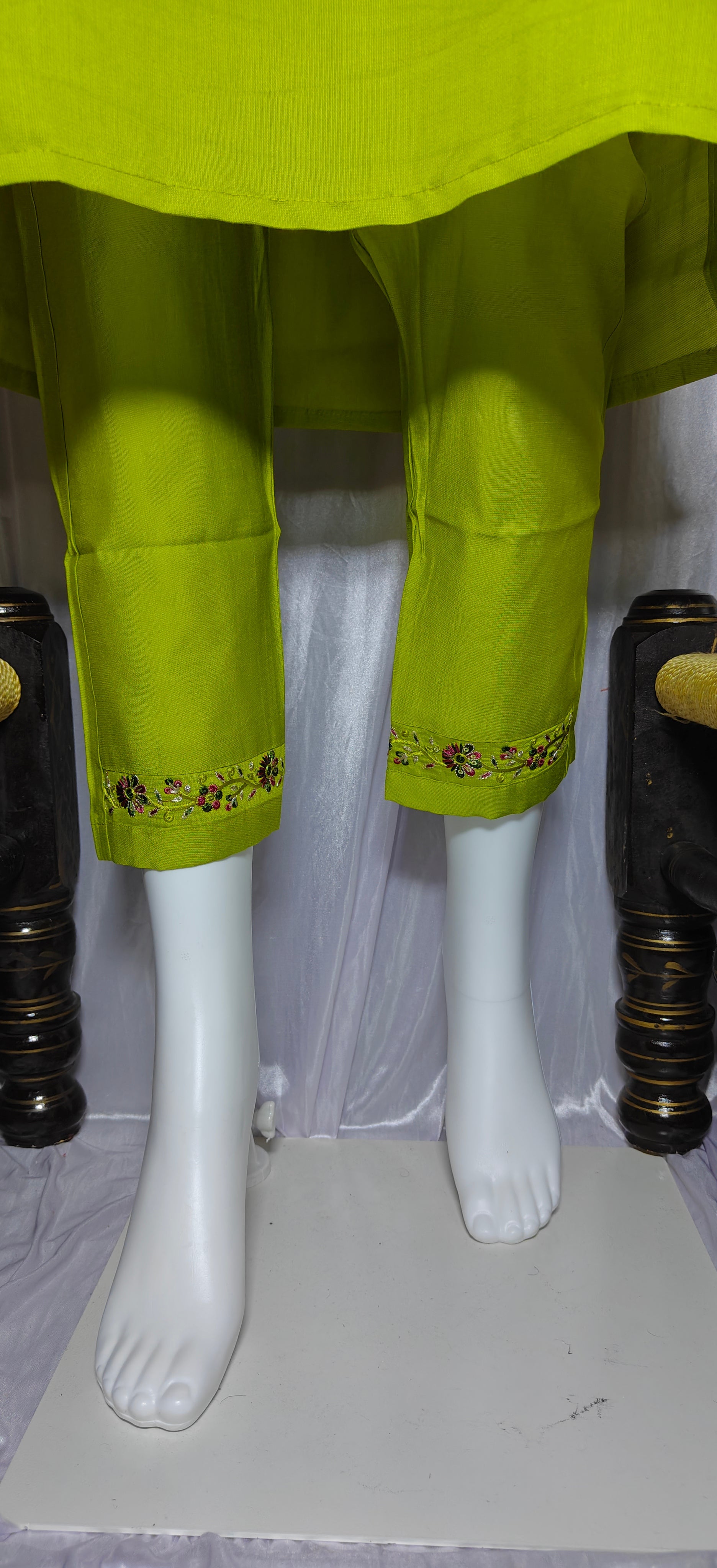 Lime Green Designer Marina Silk Embroidered Set with Maslin Dupatta