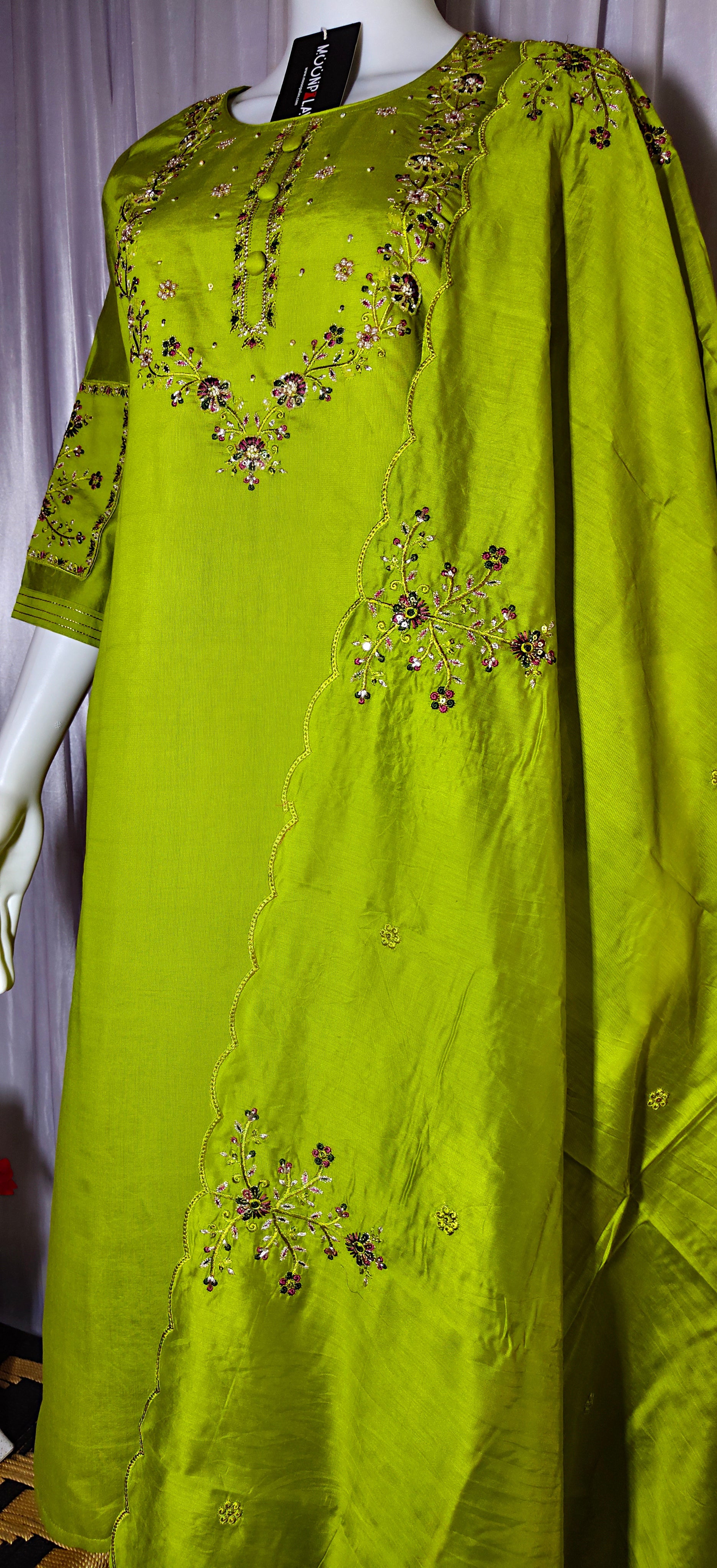 Lime Green Designer Marina Silk Embroidered Set with Maslin Dupatta
