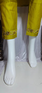 Mustard Marina Silk Handwork Kurti Pant Set with Maslin Dupatta