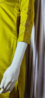 Mustard Marina Silk Handwork Kurti Pant Set with Maslin Dupatta
