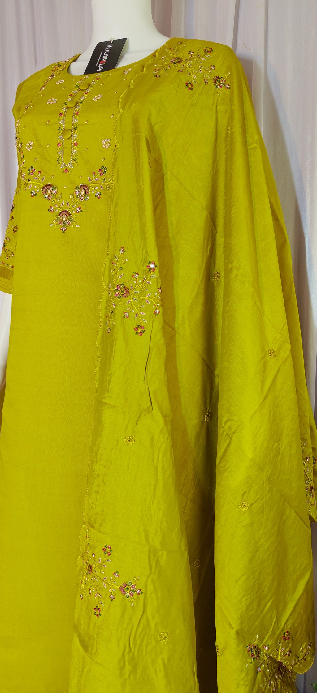 Mustard Marina Silk Handwork Kurti Pant Set with Maslin Dupatta