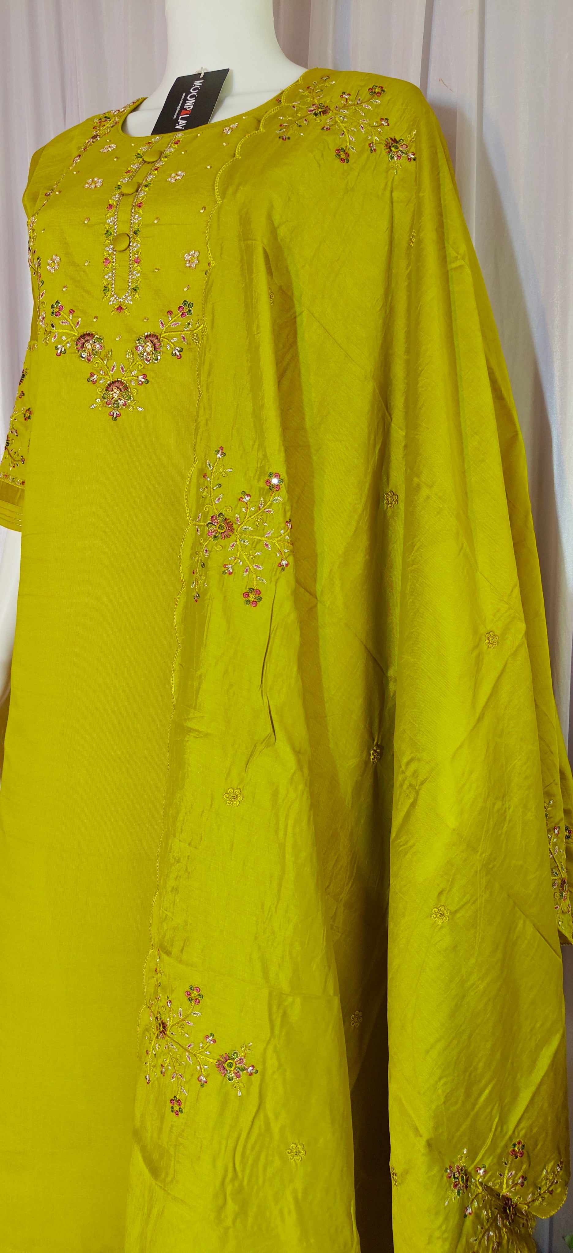 Mustard Marina Silk Handwork Kurti Pant Set with Maslin Dupatta