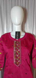 Moonpalav Magenta Roman Silk Handwork Kurti Set with Floral Digital Dupatta