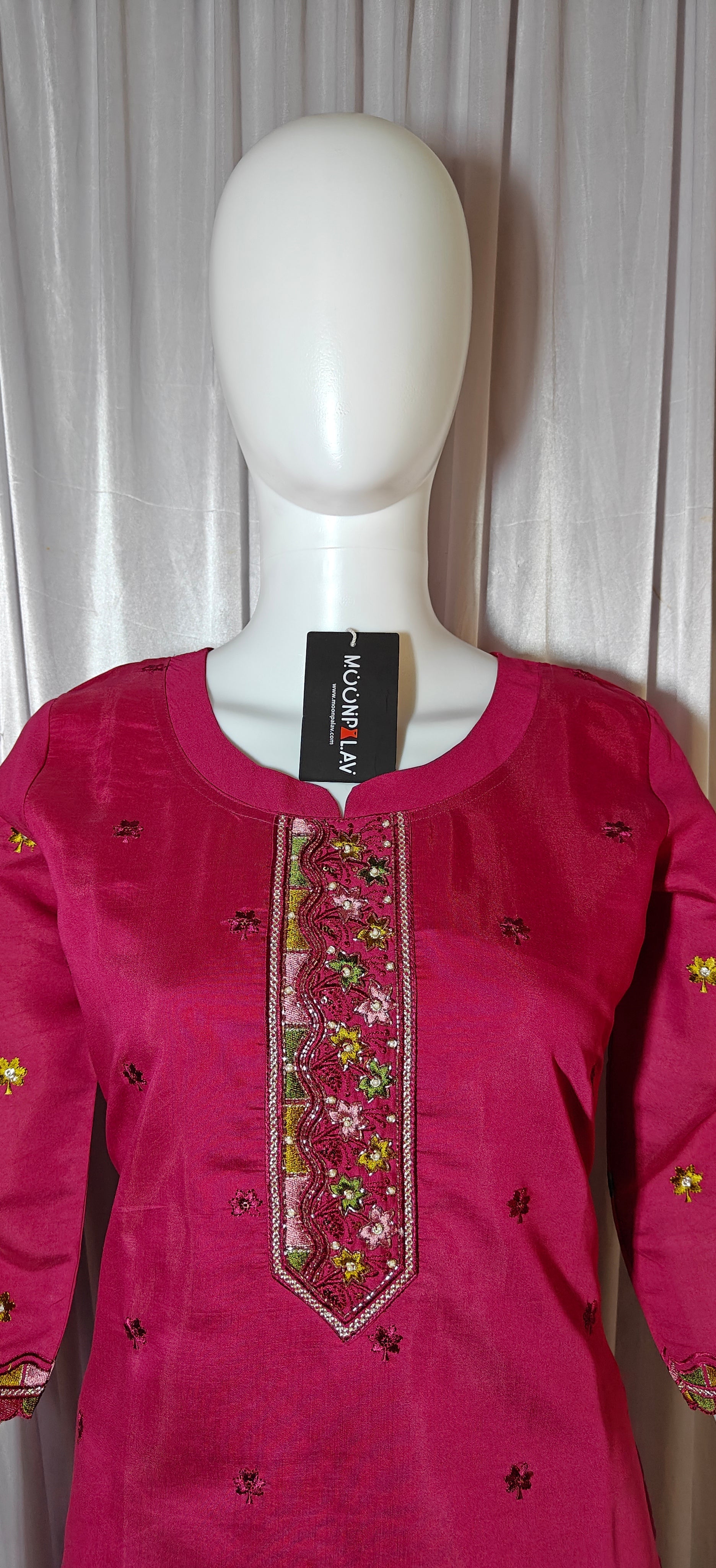 Moonpalav Magenta Roman Silk Handwork Kurti Set with Floral Digital Dupatta
