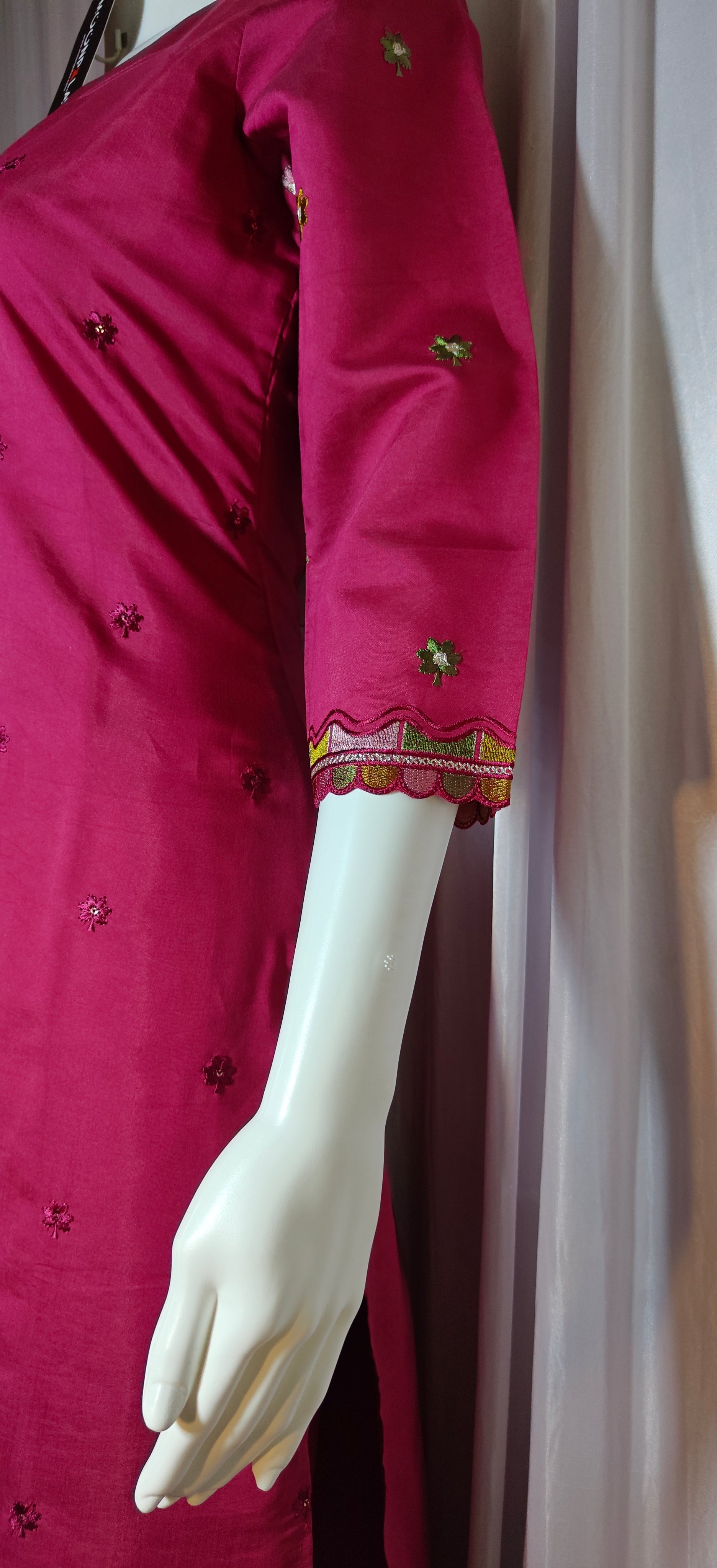 Moonpalav Magenta Roman Silk Handwork Kurti Set with Floral Digital Dupatta