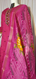 Moonpalav Magenta Roman Silk Handwork Kurti Set with Floral Digital Dupatta