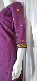 Moonpalav Wine Roman Silk Hand Embroidered Kurti Set with Digital Print Dupatta