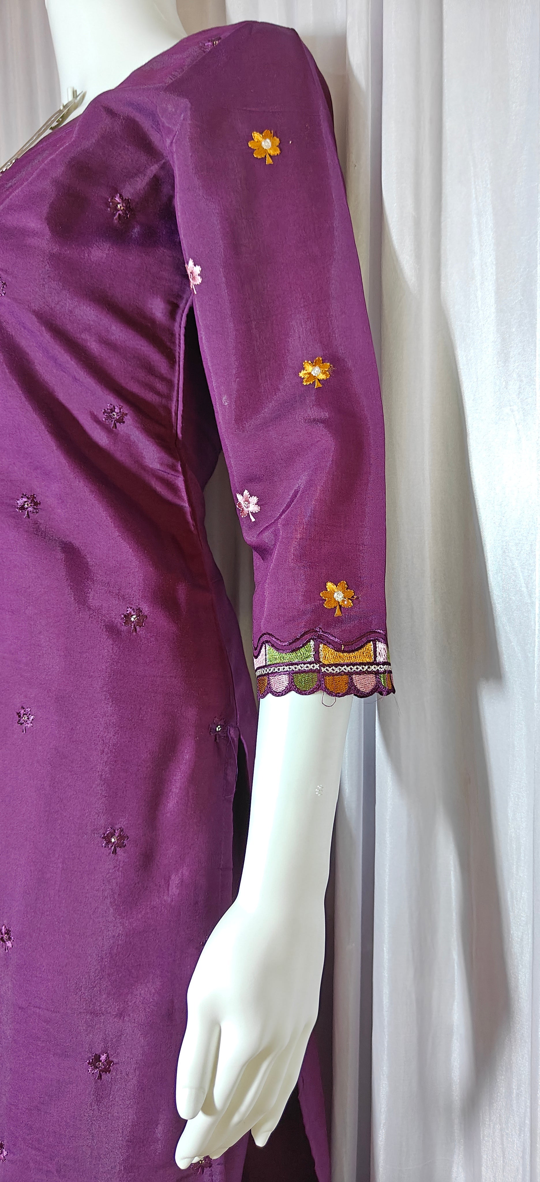 Moonpalav Wine Roman Silk Hand Embroidered Kurti Set with Digital Print Dupatta
