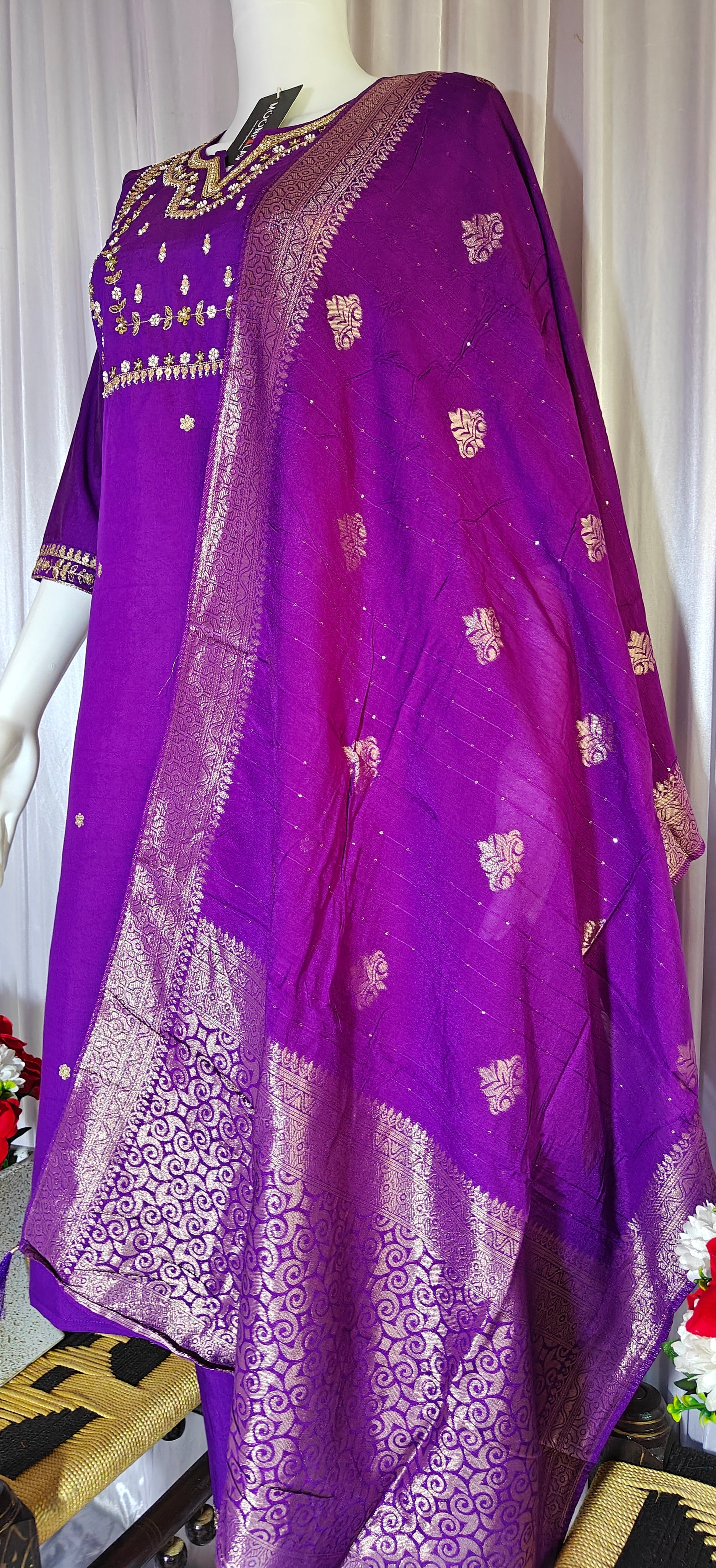 Moonpalav Royal Purple Viscose Silk Kurti Set with Jacquard Dupatta
