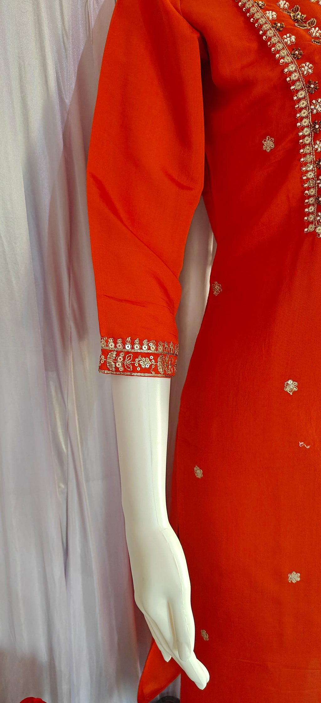Moonpalav Burnt Orange Viscose Silk Festive Wear Kurti Set