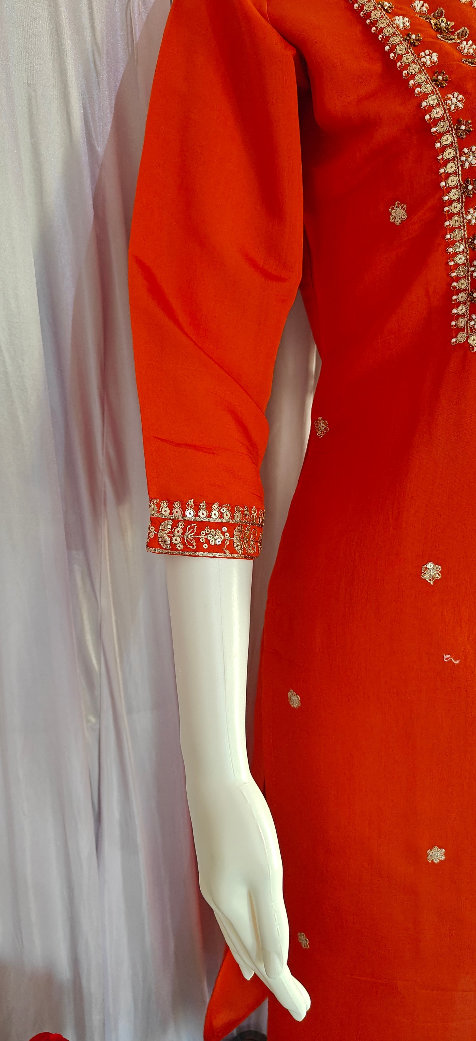 Moonpalav Burnt Orange Viscose Silk Festive Wear Kurti Set