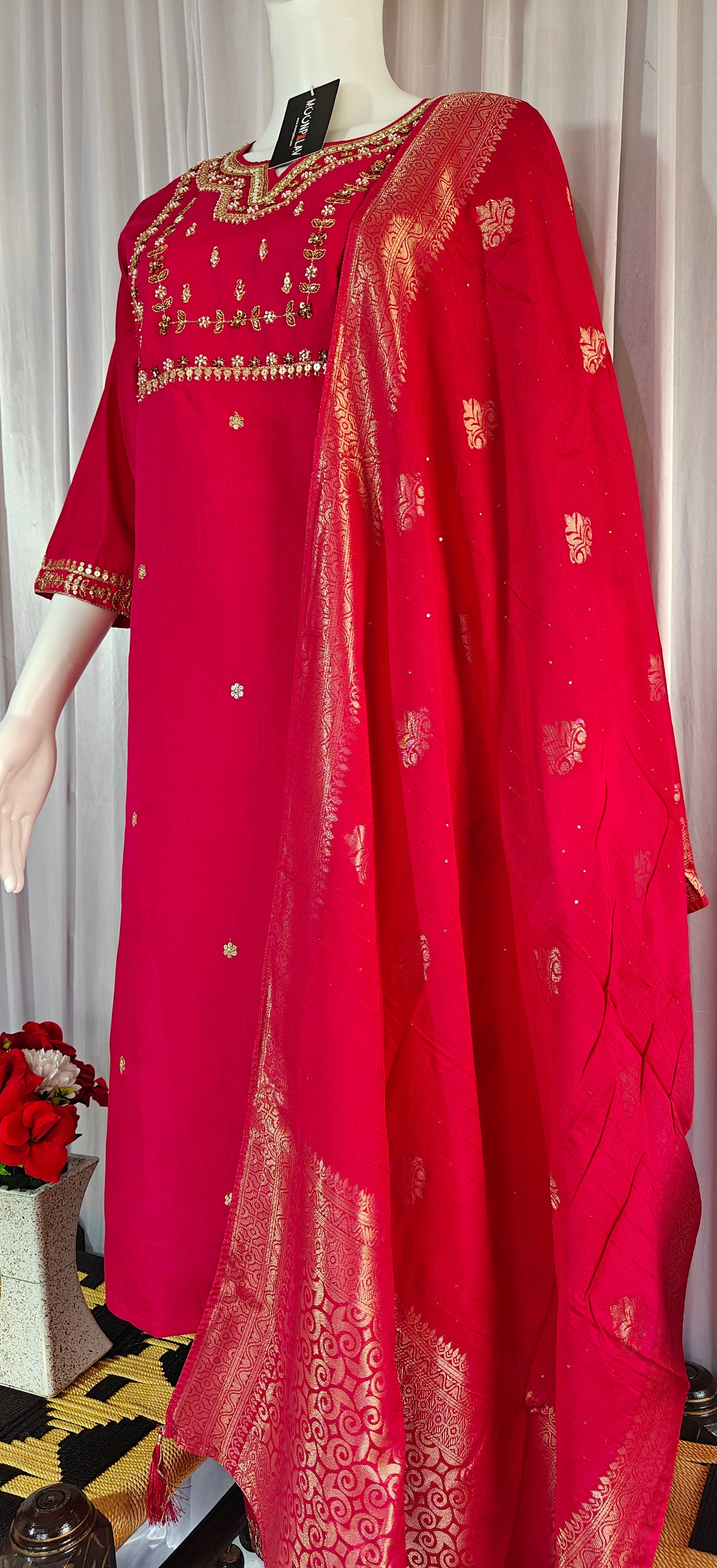 Moonpalav Rani Pink Viscose Silk Hand-Embroidered Suit Set