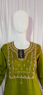 Moonpalav Olive Green Silk Embroidery Kurti Pant Set with Muslin Dupatta