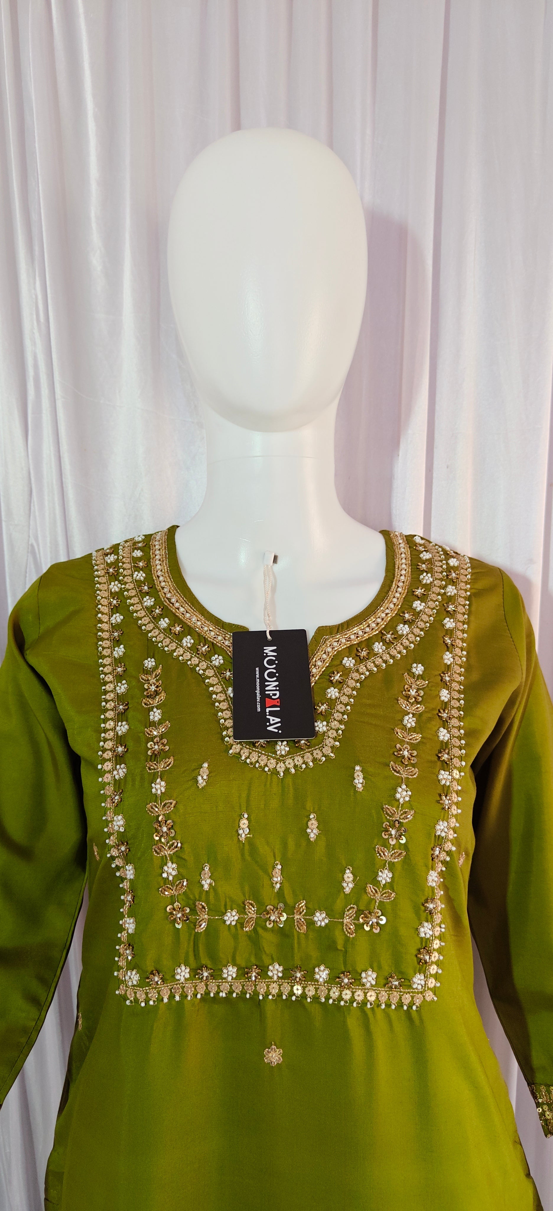 Moonpalav Olive Green Silk Embroidery Kurti Pant Set with Muslin Dupatta