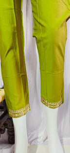 Moonpalav Olive Green Silk Embroidery Kurti Pant Set with Muslin Dupatta