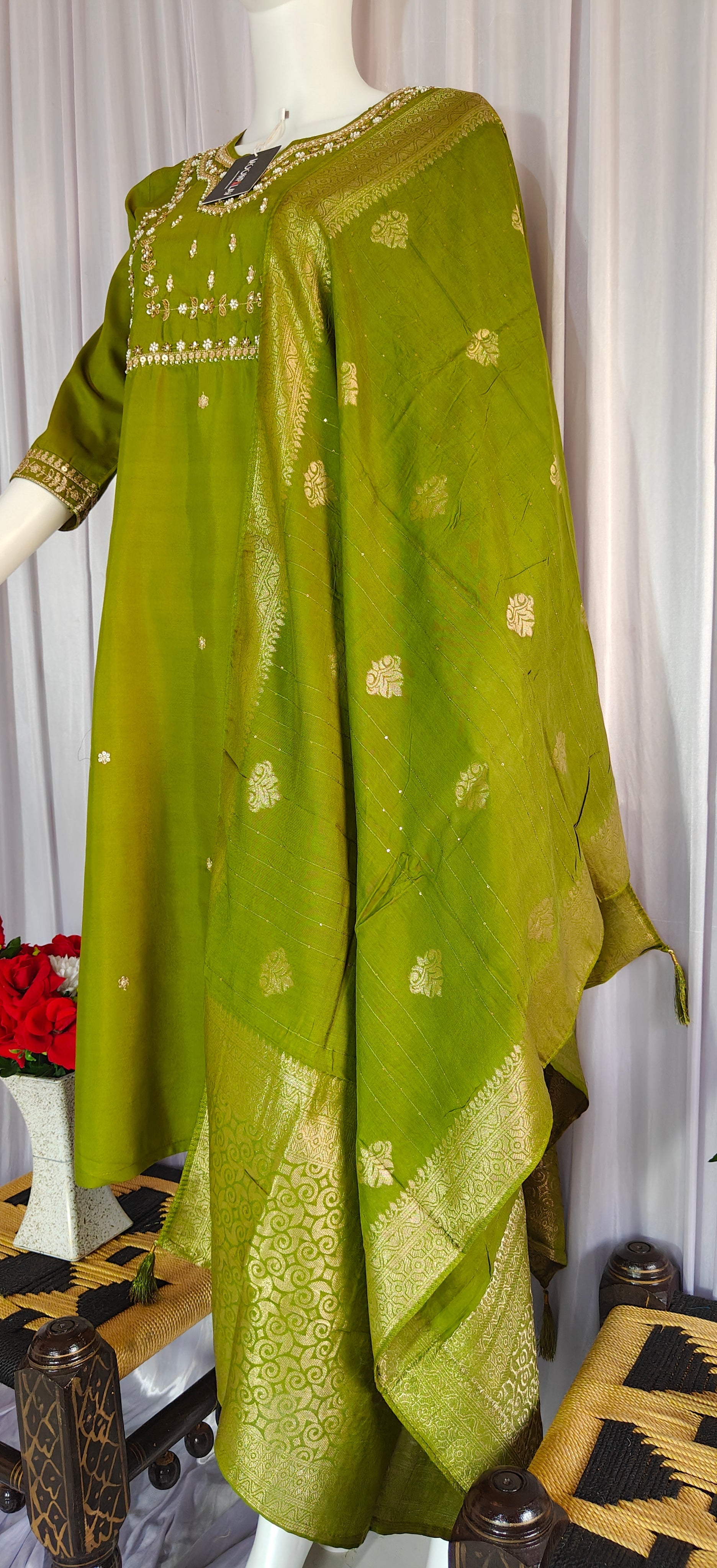 Moonpalav Olive Green Silk Embroidery Kurti Pant Set with Muslin Dupatta