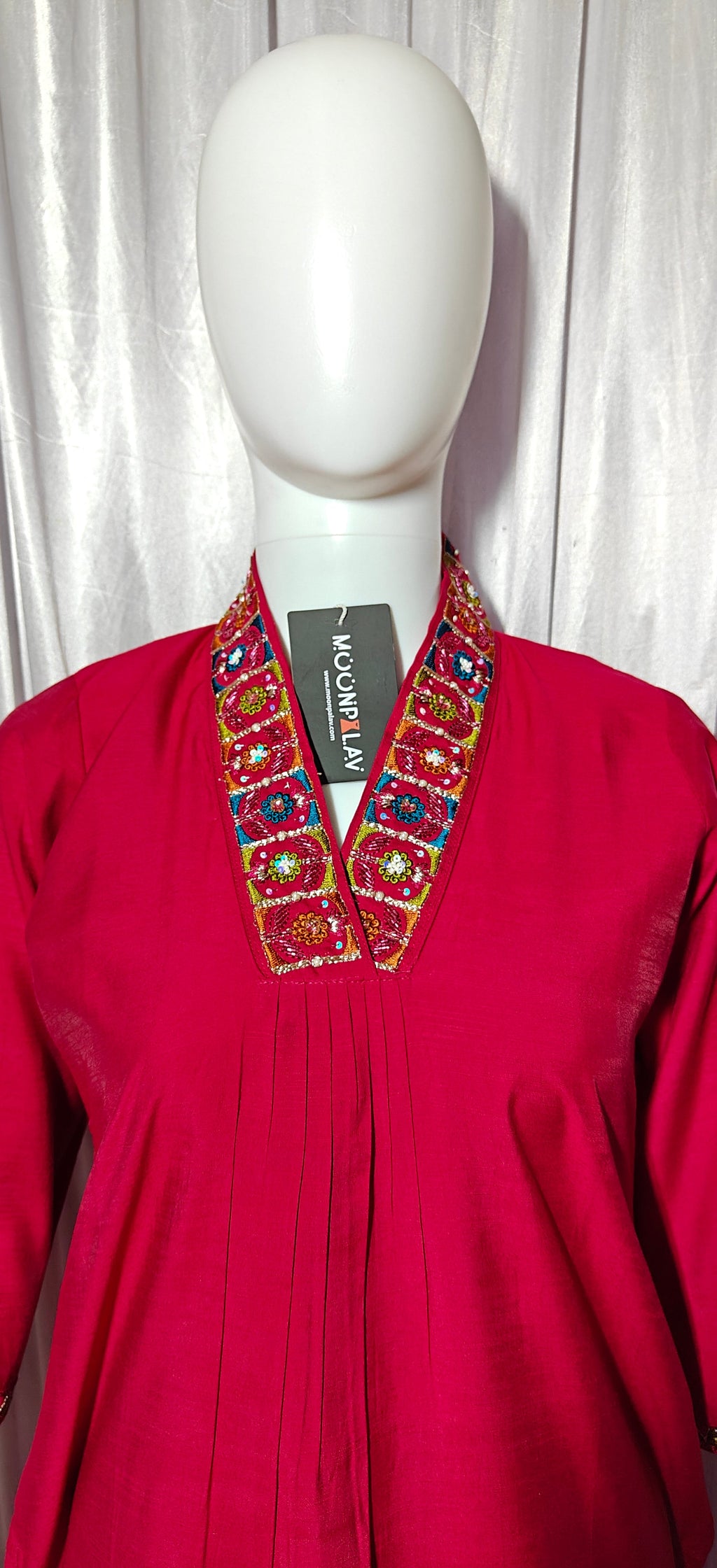 Moonpalav Ruby Red Mango Silk Embroidery Suit with Muslin Dupatta