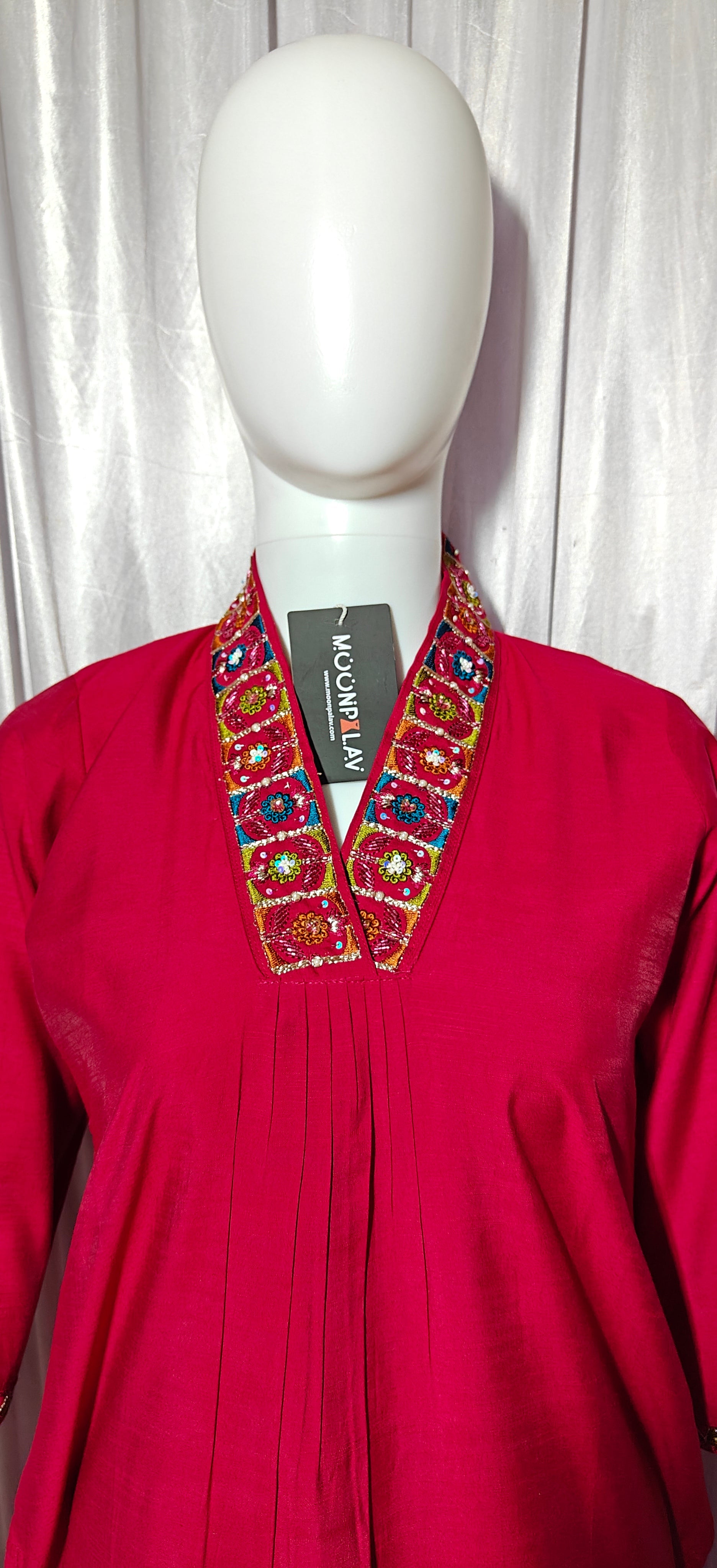 Moonpalav Ruby Red Mango Silk Embroidery Suit with Muslin Dupatta
