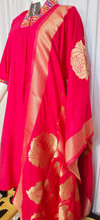 Moonpalav Ruby Red Mango Silk Embroidery Suit with Muslin Dupatta