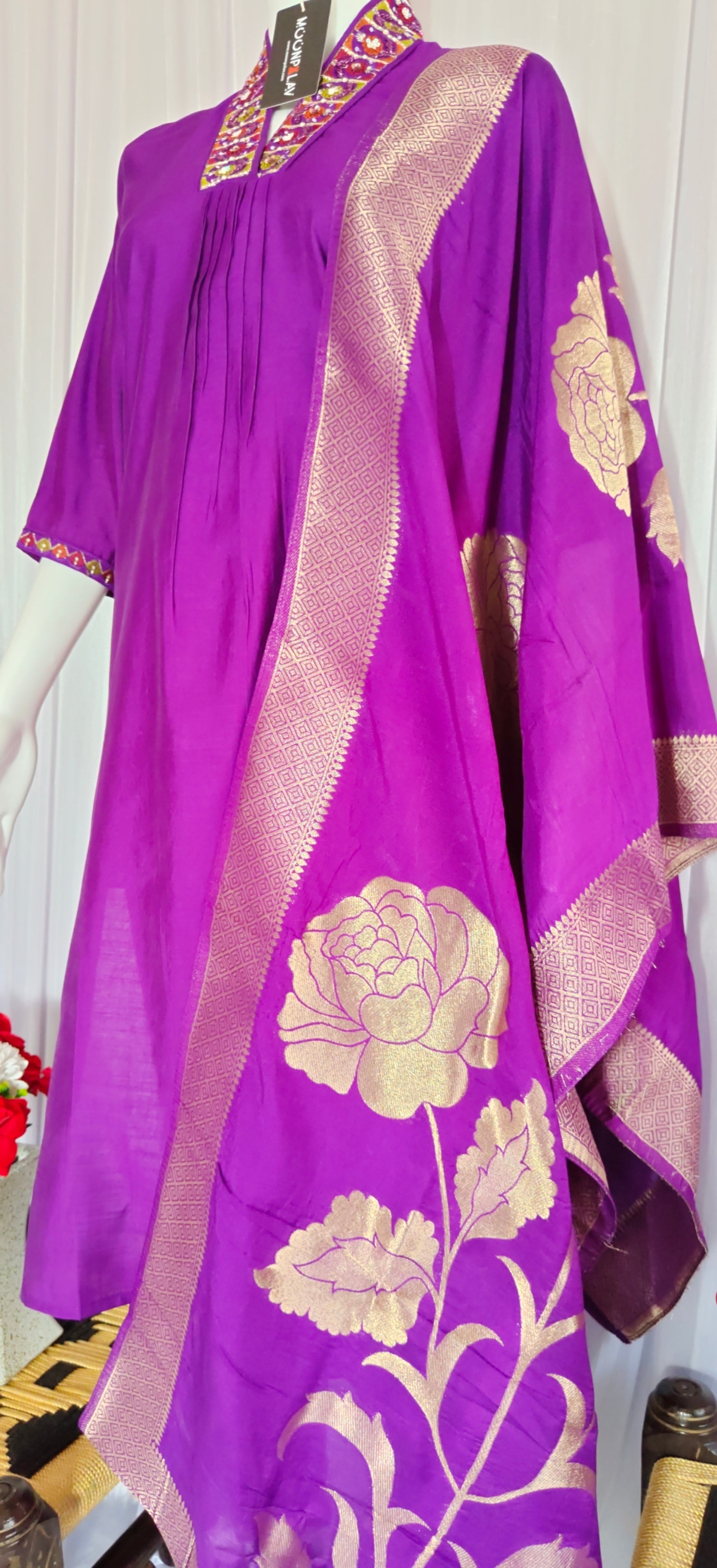 Moonpalav Royal Purple Silk Kurti Set with Maslin Dupatta