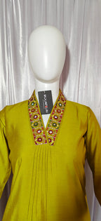 Moonpalav Lemon Yellow Viscose Silk Hand-Embroidered Suit Set with Jacquard Dupatta