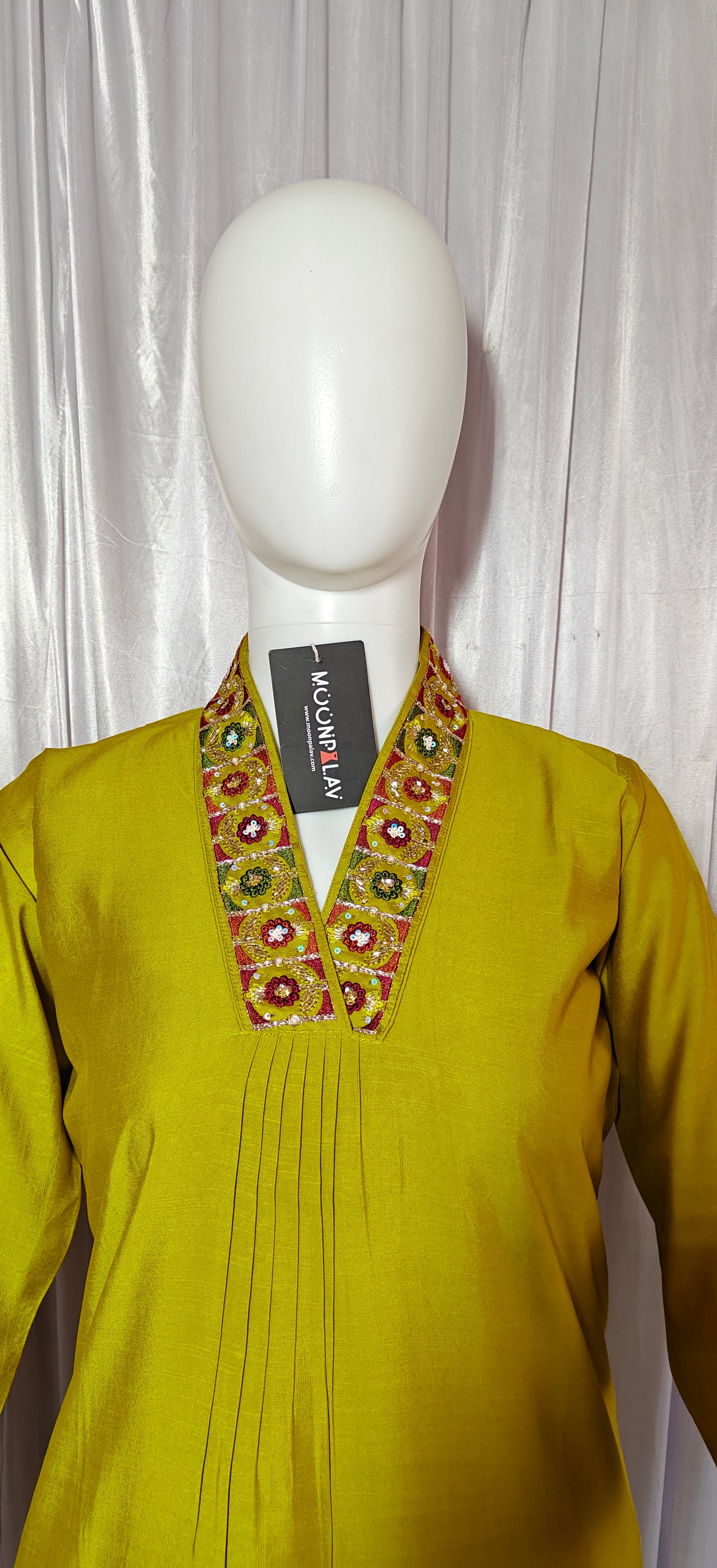 Moonpalav Lemon Yellow Viscose Silk Hand-Embroidered Suit Set with Jacquard Dupatta