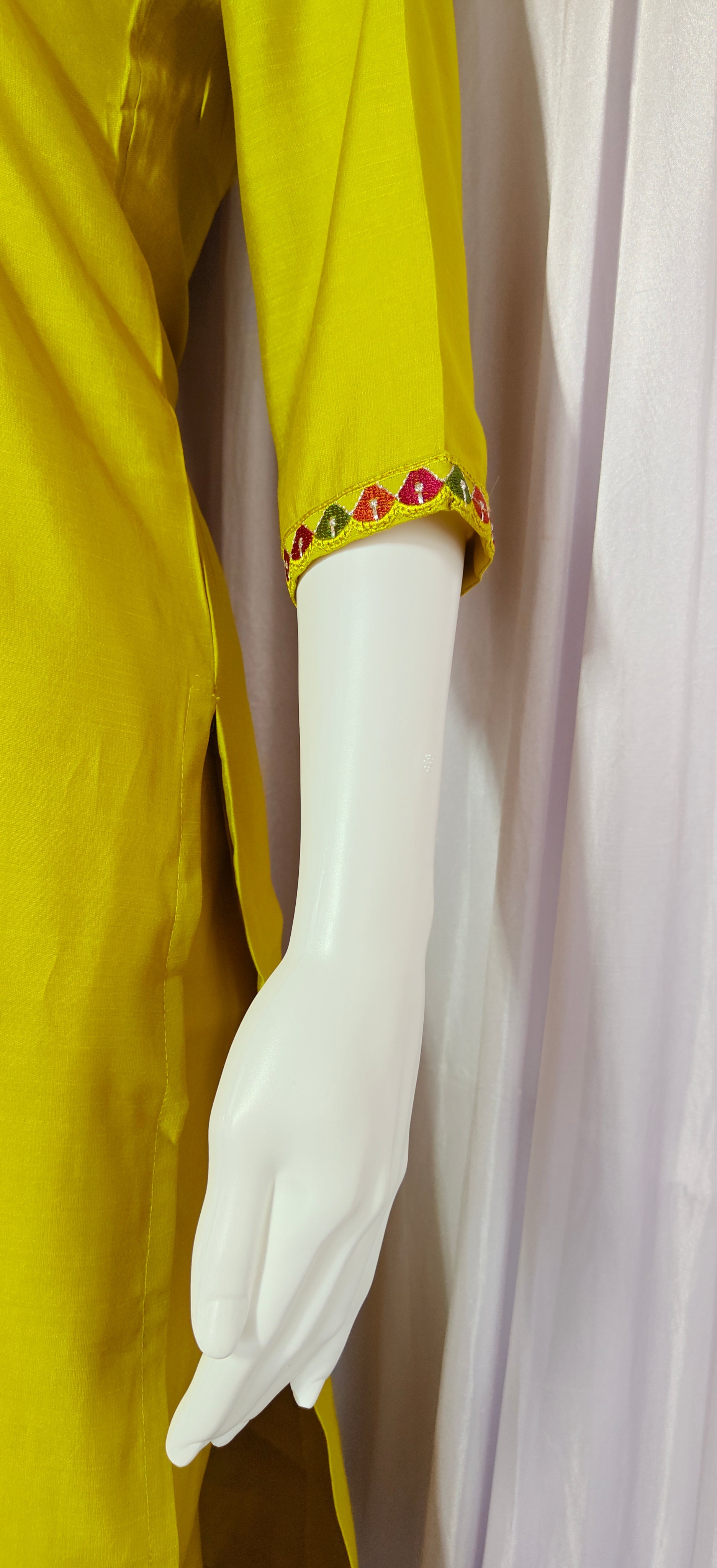 Moonpalav Lemon Yellow Viscose Silk Hand-Embroidered Suit Set with Jacquard Dupatta