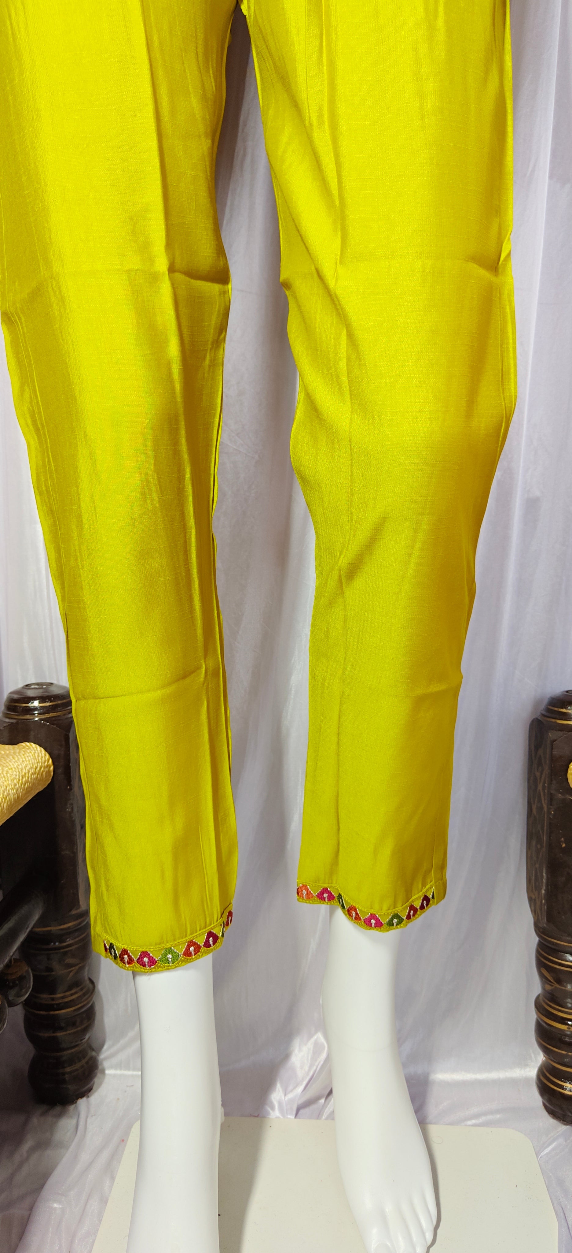 Moonpalav Lemon Yellow Viscose Silk Hand-Embroidered Suit Set with Jacquard Dupatta
