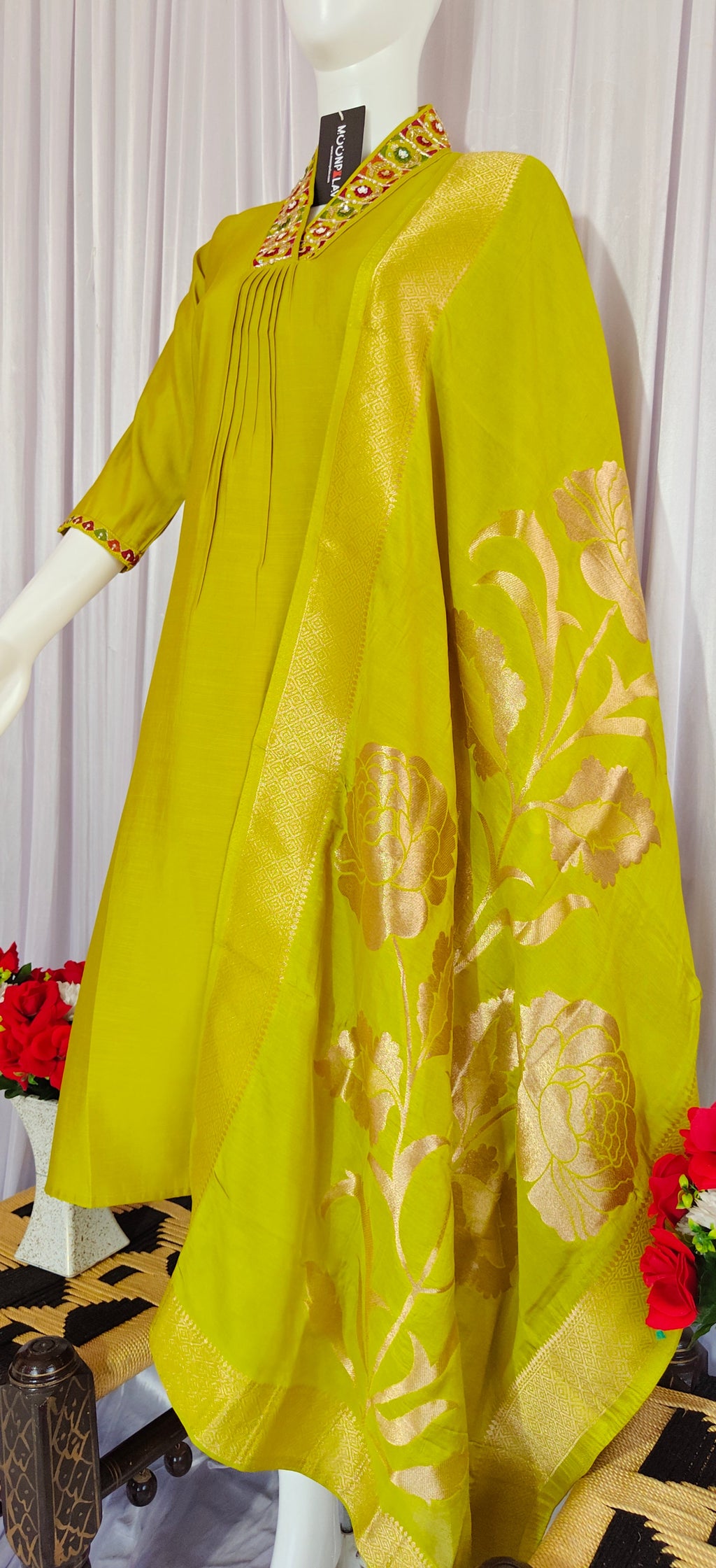 Moonpalav Lemon Yellow Viscose Silk Hand-Embroidered Suit Set with Jacquard Dupatta