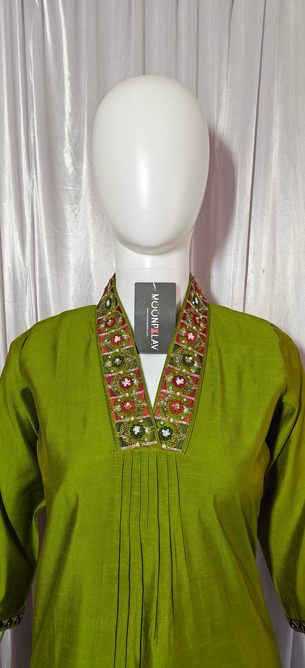 Moonpalav Olive Green Mango Silk Festive Kurti Pant Set With Dupatta