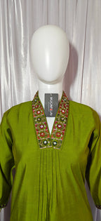 Moonpalav Olive Green Mango Silk Festive Kurti Pant Set With Dupatta
