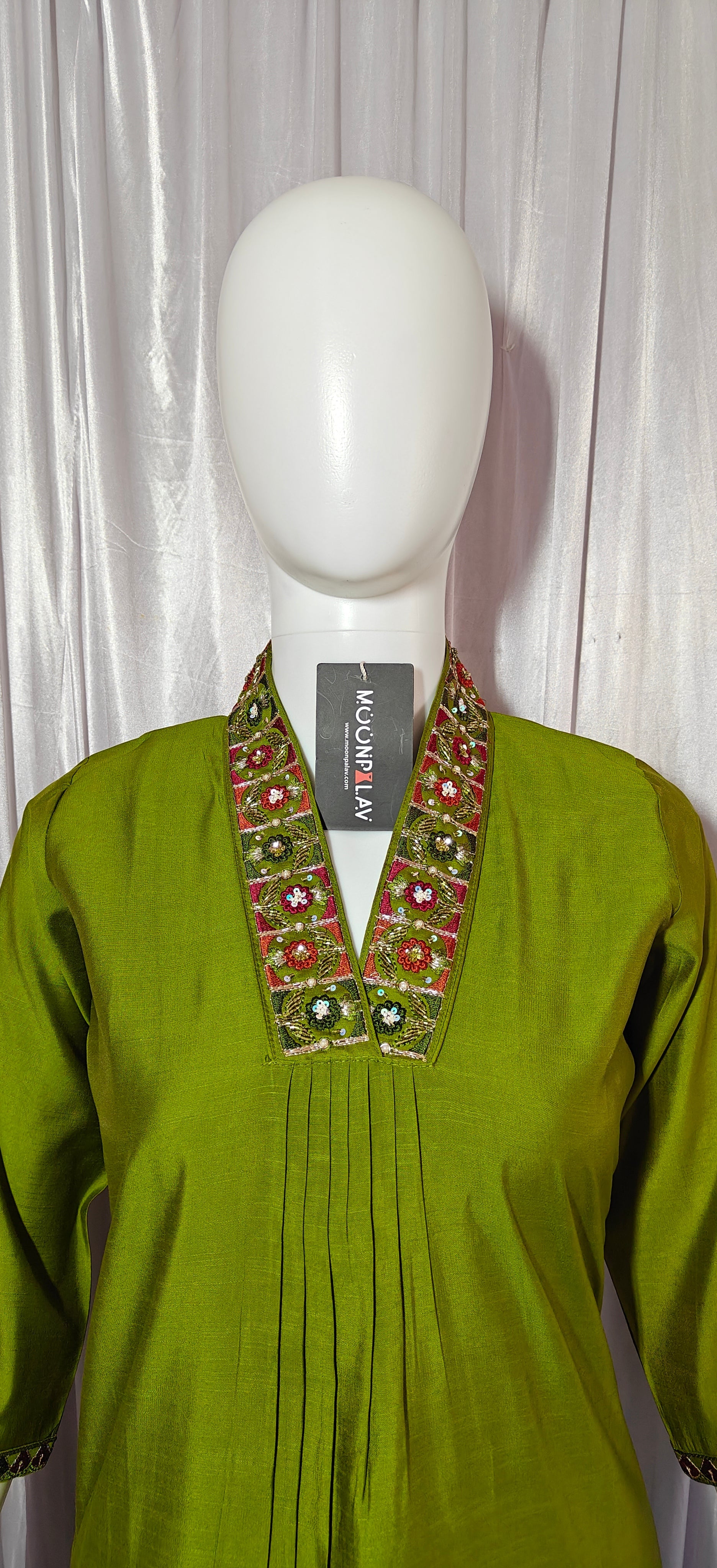Moonpalav Olive Green Mango Silk Festive Kurti Pant Set With Dupatta