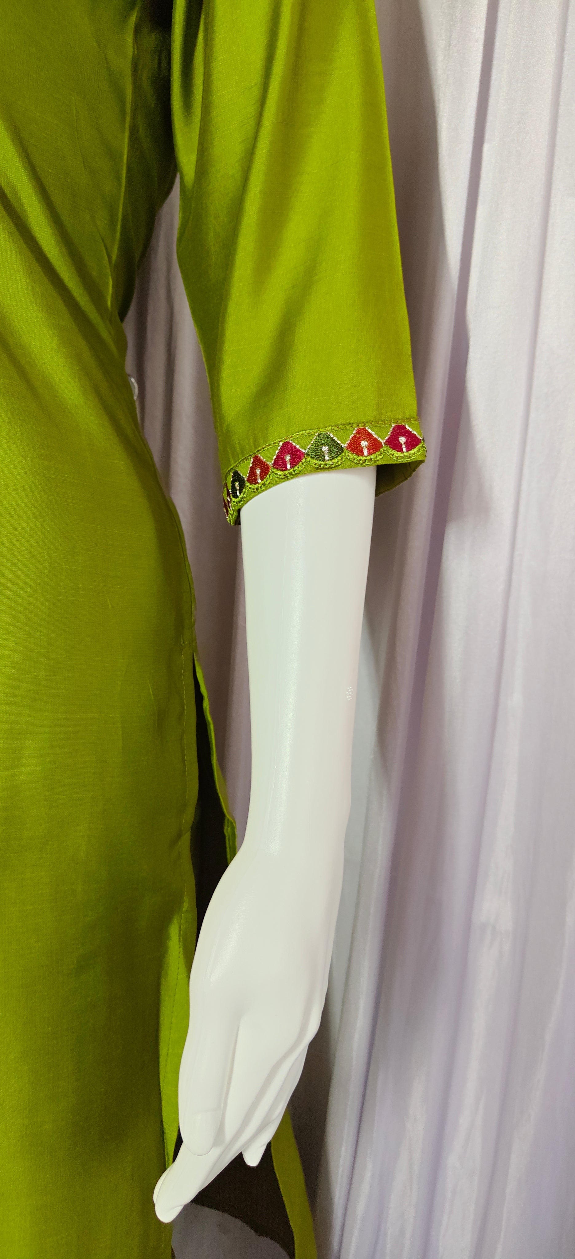 Moonpalav Olive Green Mango Silk Festive Kurti Pant Set With Dupatta