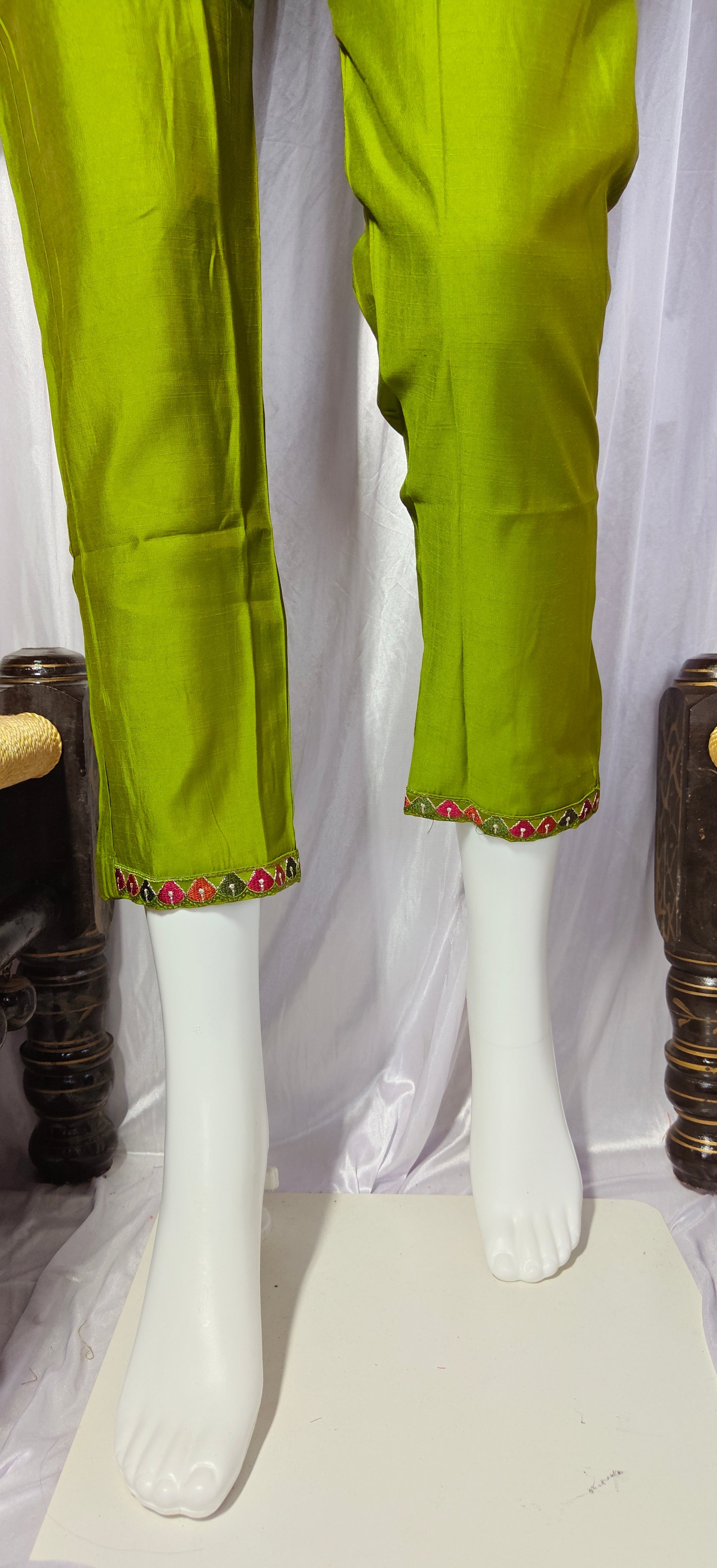 Moonpalav Olive Green Mango Silk Festive Kurti Pant Set With Dupatta