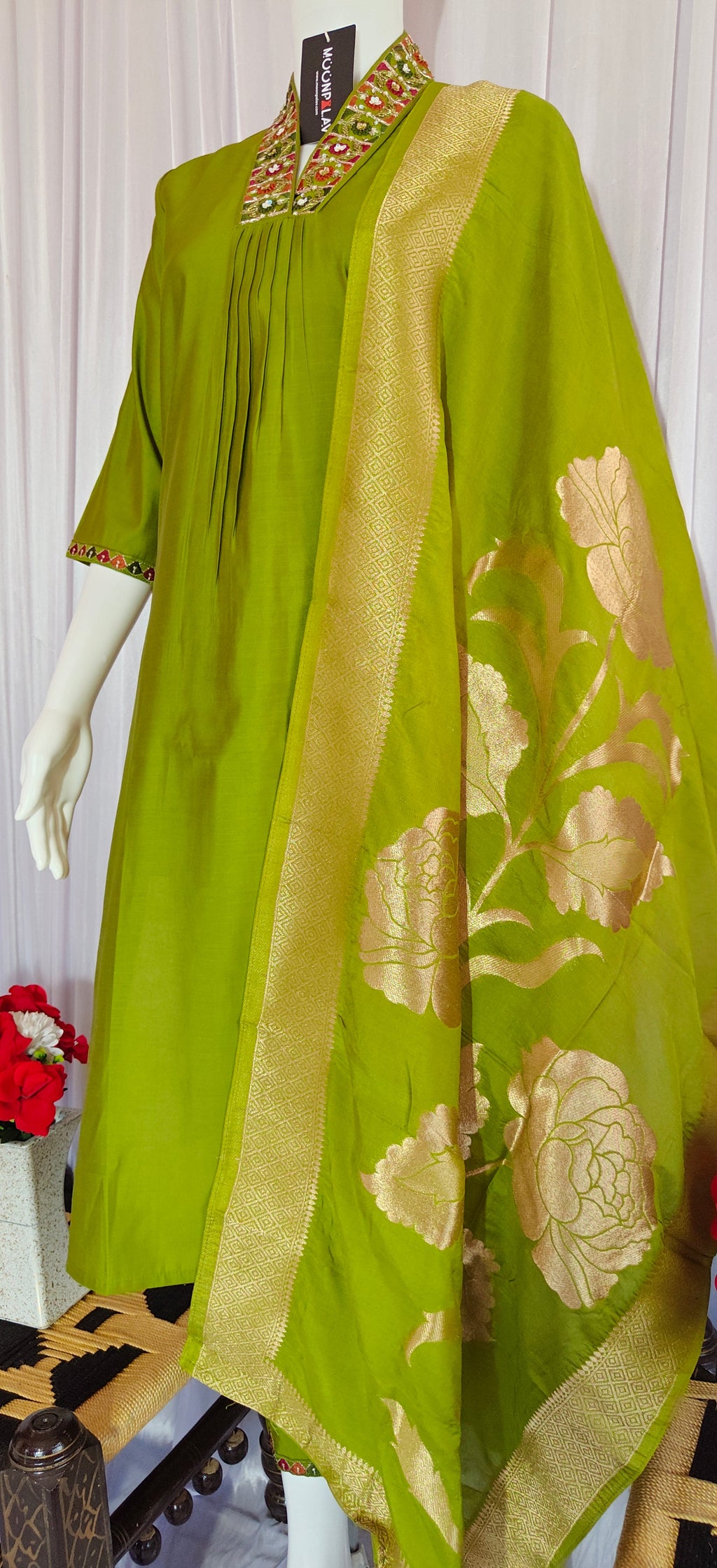 Moonpalav Olive Green Mango Silk Festive Kurti Pant Set With Dupatta