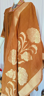 Moonpalav Earth Brown Mango Silk Handwork Suit Set for Weddings